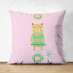 Çift Taraflı Pembe Zeminde Deniz ve Ayıcık Desenli Bebek Odası Süet Yastık Kırlent Kılıfı Realhomes