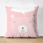 - Suet-K-4404 - Realhomes Çift Taraflı Pembe Zeminde Mutlu Ayıcık Desenli Bebek Odası Süet Yastık Kırlent Kılıfı Realhomes