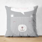 Çift Taraflı Gri Zeminde Mutlu Ayıcık Desenli Bebek Odası Süet Yastık Kırlent Kılıfı Realhomes