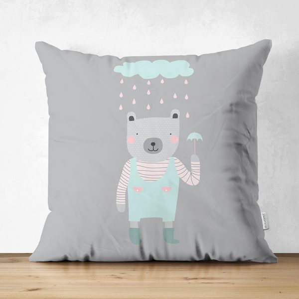 - Suet-K-4409 - Realhomes  Çift Taraflı Pembe Zeminde Balon ve Ayıcık Desenli Bebek Odası Süet Yastık Kırlent Kılıfı Realhomes