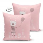 - Suet-K-4411-1 - Realhomes  Çift Taraflı Pembe Zeminde Balon ve Ayıcık Desenli Bebek Odası Süet Yastık Kırlent Kılıfı Realhomes