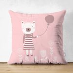 - Suet-K-4411 - Realhomes  Çift Taraflı Pembe Zeminde Balon ve Ayıcık Desenli Bebek Odası Süet Yastık Kırlent Kılıfı Realhomes