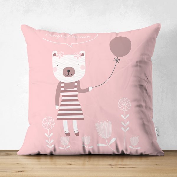 - Suet-K-4411 - Realhomes  Çift Taraflı Pembe Zeminde Balon ve Ayıcık Desenli Bebek Odası Süet Yastık Kırlent Kılıfı Realhomes
