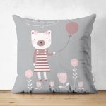 - Suet-K-4413 - Realhomes Çift Taraflı Gri Zeminde Balon ve Ayıcık Desenli Bebek Odası Süet Yastık Kırlent Kılıfı Realhomes