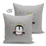Çift Taraflı Gri Zeminli Uçan Sevimli Penguen Tasarımlı Bebek Odası Süet Yastık Kırlent Kılıfı Realhomes