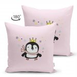 Çift Taraflı Pembe Zeminli Uçan Sevimli Penguen Tasarımlı Bebek Odası Süet Yastık Kırlent Kılıfı Realhomes