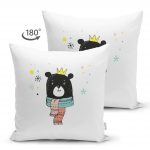 - Suet-K-4417-1 - Realhomes Çift Taraflı Beyaz Zeminde Atkılı Ayıcık Desenli Bebek Odası Süet Yastık Kırlent Kılıfı Realhomes