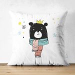 - Suet-K-4417 - Realhomes Çift Taraflı Beyaz Zeminde Atkılı Ayıcık Desenli Bebek Odası Süet Yastık Kırlent Kılıfı Realhomes