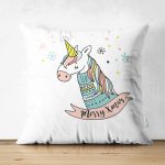 Çift Taraflı Beyaz Zeminde Unicorn Motifli Bebek Odası Süet Yastık Kırlent Kılıfı Realhomes