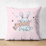 Çift Taraflı Pembe Zeminde Atkılı Tavşan Motifli Bebek Odası Süet Yastık Kırlent Kılıfı Realhomes