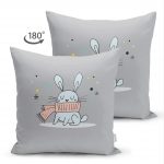 - Suet-K-4425-1 - Realhomes Çift Taraflı Gri Zeminde Atkılı Tavşan Motifli Bebek Odası Süet Yastık Kırlent Kılıfı Realhomes