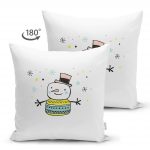 - Suet-K-4426-1 - Realhomes Çift Taraflı Beyaz Zeminde Kardan adam Çizim Desenli Bebek Odası Süet Yastık Kırlent Kılıfı Realhomes