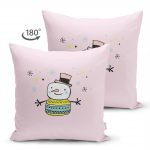 - Suet-K-4428-1 - Realhomes Çift Taraflı Pembe Zeminde Kardan adam Çizim Desenli Bebek Odası Süet Yastık Kırlent Kılıfı Realhomes