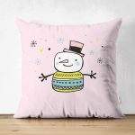 - Suet-K-4428 - Realhomes Çift Taraflı Pembe Zeminde Kardan adam Çizim Desenli Bebek Odası Süet Yastık Kırlent Kılıfı Realhomes