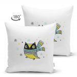 Çift Taraflı Beyaz Zeminde Atkılı Baykuş Desenli Bebek Odası Süet Yastık Kırlent Kılıfı Realhomes