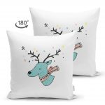 - Suet-K-4432-1 - Realhomes Çift Taraflı Beyaz Zeminde Mavi Geyik Çizimli Bebek Odası Süet Yastık Kırlent Kılıfı Realhomes