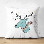 - Suet-K-4432 - Realhomes Çift Taraflı Beyaz Zeminde Mavi Geyik Çizimli Bebek Odası Süet Yastık Kırlent Kılıfı Realhomes