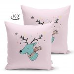 - Suet-K-4434-1 - Realhomes Çift Taraflı Pembe Zeminde Mavi Geyik Çizimli Bebek Odası Süet Yastık Kırlent Kılıfı Realhomes