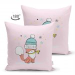 - Suet-K-4436-1 - Realhomes Çift Taraflı Pembe Zeminde Sevimli Tilki Desenli Bebek Odası Süet Yastık Kırlent Kılıfı Realhomes