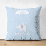 Çift Taraflı Mavi Zeminde Uçan Fil Desenli Bebek Odası Süet Yastık Kırlent Kılıfı Realhomes