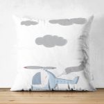- Suet-K-4444g - Realhomes Çift Taraflı Beyaz Zeminde Helikopter Tasarımlı Bebek Odası Süet Yastık Kırlent Kılıfı Realhomes