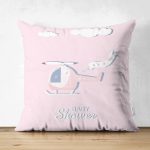 Çift Taraflı Pembe Zeminde Helikopter Tasarımlı Bebek Odası Süet Yastık Kırlent Kılıfı Realhomes