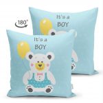 - Suet-K-4455-1 - Realhomes Çift Taraflı Mavi Zeminde Ayıcık Desenli Dijtal Baskılı Bebek Odası Süet Yastık Kırlent Kılıfı Realhomes