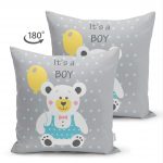 Çift Taraflı Gri Zeminde Ayıcık Desenli Dijtal Baskılı Bebek Odası Süet Yastık Kırlent Kılıfı Realhomes