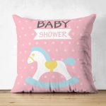 Çift Taraflı Pembe Zeminde Bebek Arabası Desenli Bebek Odası Süet Yastık Kırlent Kılıfı Realhomes