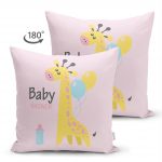- Suet-K-4475-1 - Realhomes Çift Taraflı Pembe Zeminde Balon ve Zürafa Desenli Özel Tasarım Bebek Odası Süet Kırlent Kılıfı Realhomes