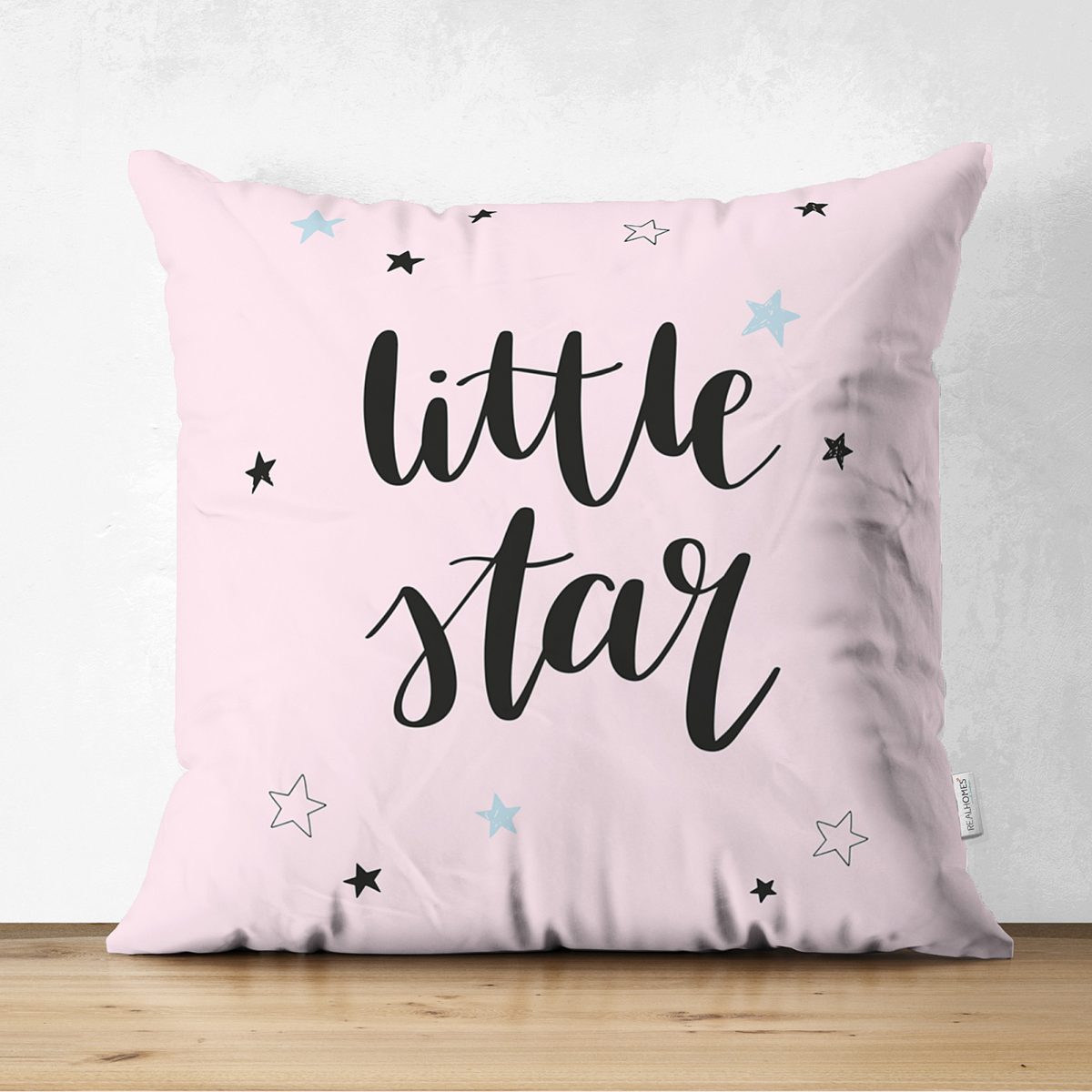 Çift Taraflı Pembe Zeminde Little Star Yıldız Tasarımlı Bebek Odası Süet Yastık Kırlent Kılıfı Realhomes