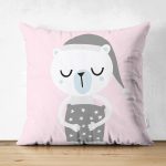 Çift Taraflı Pembe Zeminde Ayıcık Tasarımlı Bebek Odası Süet Yastık Kırlent Kılıfı Realhomes