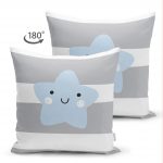 - Suet-K-4500g-1 - Realhomes  Çift Taraflı Gri Çizgiler Üzerine Mavi Yıldız Tasarımlı Bebek Odası Süet Yastık Kırlent Kılıfı Realhomes