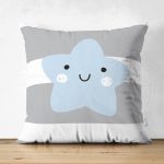 - Suet-K-4500g - Realhomes  Çift Taraflı Gri Çizgiler Üzerine Mavi Yıldız Tasarımlı Bebek Odası Süet Yastık Kırlent Kılıfı Realhomes