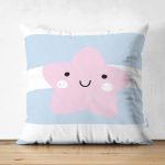 - Suet-K-4500m - Realhomes  Çift Taraflı Mavi Çizgiler Üzerine Pembe Yıldız Tasarımlı Bebek Odası Süet Yastık Kırlent Kılıfı Realhomes