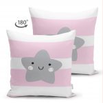- Suet-K-4500p-1 - Realhomes  Çift Taraflı Pembe Çizgiler Üzerine Gri Yıldız Tasarımlı Bebek Odası Süet Yastık Kırlent Kılıfı Realhomes