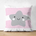 - Suet-K-4500p - Realhomes  Çift Taraflı Pembe Çizgiler Üzerine Gri Yıldız Tasarımlı Bebek Odası Süet Yastık Kırlent Kılıfı Realhomes