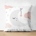 - Suet-K-4502 - Realhomes Çift Taraflı Beyaz Zeminde Ay ve Bulut Desenli Bebek Odası Süet Yastık Kırlent Kılıfı Realhomes