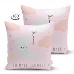 Çift Taraflı Pembe Zeminde Ay ve Bulut Desenli Bebek Odası Süet Yastık Kırlent Kılıfı Realhomes