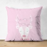 Çift Taraflı Pembe Zeminde Sevimli Geyik Tasarımlı Bebek Odası Süet Yastık Kırlent Kılıfı Realhomes
