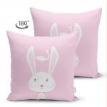 - Suet-K-4512p-1 - Realhomes Çift Taraflı Pembe Zeminli Tavşan Desenli Bebek Odası Süet Yastık Kırlent Kılıfı Realhomes