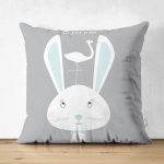 - Suet-K-4513 - Realhomes Çift Taraflı Gri Zeminli Tavşan Desenli Bebek Odası Süet Yastık Kırlent Kılıfı Realhomes