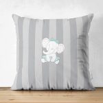 - Suet-K-4528g - Realhomes Çift Taraflı Gri Çizgili Fil Motifli Bebek Odası Süet Yastık Kırlent Kılıfı Realhomes