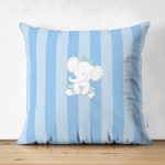 Çift Taraflı Mavi Çizgili Fil Motifli Bebek Odası Süet Yastık Kırlent Kılıfı Realhomes