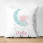 - Suet-K-4535 - Realhomes  Çift Taraflı Beyaz Zeminde Aydaki Fil Desenli Bebek Odası Süet Yastık Kırlent Kılıfı Realhomes