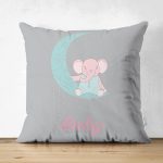 - Suet-K-4536 - Realhomes Çift Taraflı Gri Zeminde Aydaki Fil Desenli Bebek Odası Süet Yastık Kırlent Kılıfı Realhomes