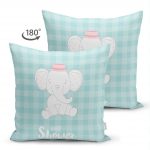 - Suet-K-4538-1 - Realhomes Çift Taraflı Yeşil Ekose Zeminli Fil Desenli Bebek Odası Süet Yastık Kırlent Kılıfı Realhomes