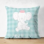 - Suet-K-4538 - Realhomes Çift Taraflı Yeşil Ekose Zeminli Fil Desenli Bebek Odası Süet Yastık Kırlent Kılıfı Realhomes