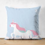 - Suet-K-4547m - Realhomes Çift Taraflı Mavi Unicorn At Desenli Dijital Baskılı Bebek Odası Süet Yastık Kırlent Kılıfı Realhomes