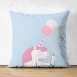 - Suet-K-4552m - Realhomes  Çift Taraflı Mavi Zeminde Unicorn At Tasarımlı Bebek Odası Süet Yastık Kırlent Kılıfı Realhomes